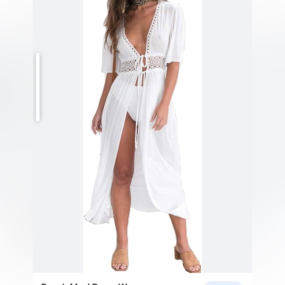 Beach Maxi Dress, White Swimsuit Cover Up Tunic V Neck  Lace Beach Wear